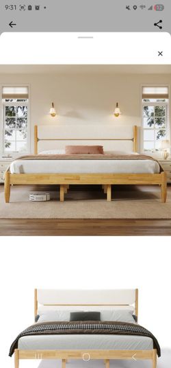 Merax King Size Solid Wood Bed Frame with Fleece Upholstered Headboard, Solid Rubber Wood Frame, Elegant Platform Bed, Ample Underbed Storage Space, 