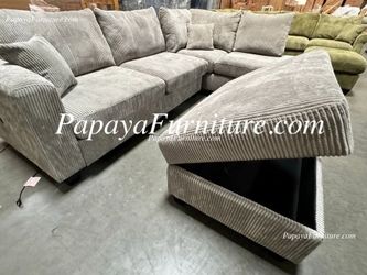 NEW Light Grey Plush Fabric Sectional Sofa STORAGE OTTOMAN Couch Chaise Set Modern Discount Furniture Warehouse Ashley Style Designer BIG SALE USB