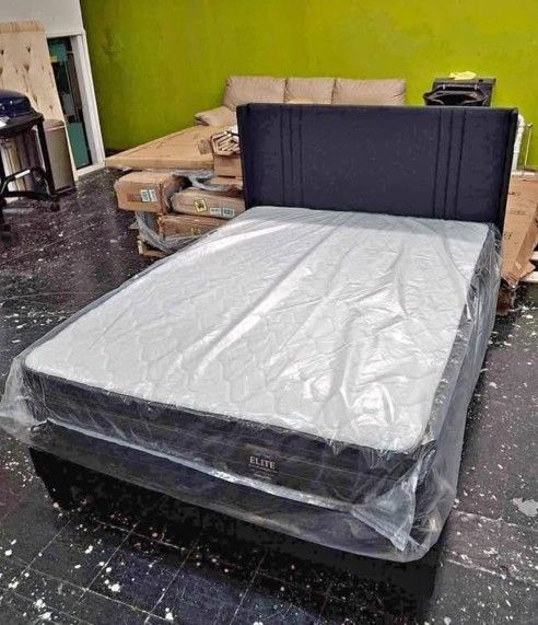 Complete  Bed For Sale.[ Mattress With Box Spring And Wooden Bedframe With Headboard As Well 