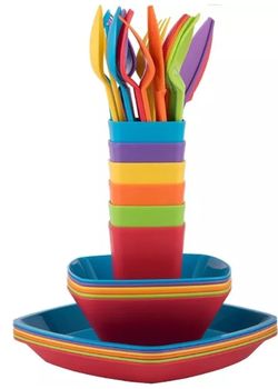 Set of 36 Kids Melange Dinnerware - 6 each of: Plate, Bowl, Cup & Utensils