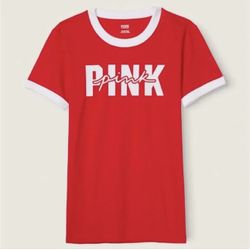 Victoria's Secret PINK Red White Short Sleeve Campus Ringer Tee Shirt Size Large