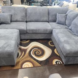 Gray Corduroy Sectional with storage ottoman