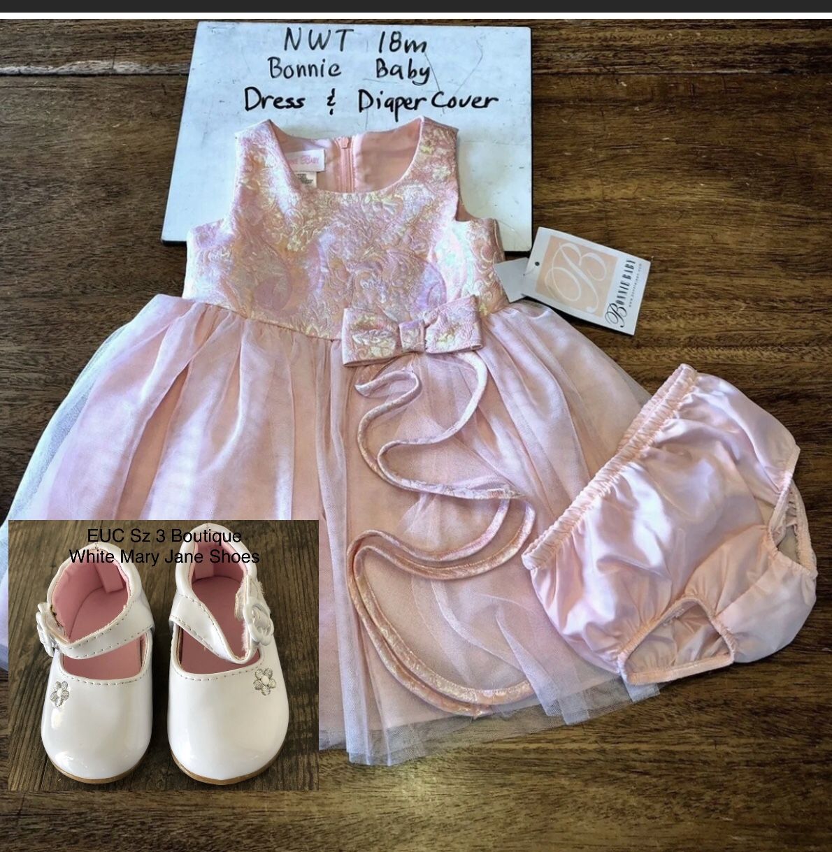 NWT 18 m Bonnie Baby Pink Tulle Dress & EUC Sz 3 Boutique White Mary Jane Shoes Outfit
