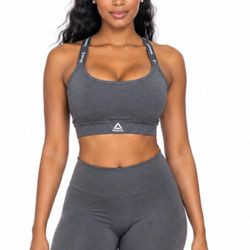 Reebok Gray Athleisure Sports Bra Medium Logo Straps Racerback Gym Workout Top