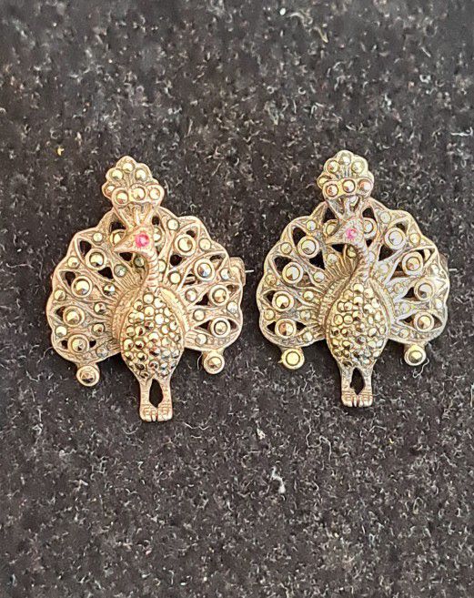 Pair Of Vintage Sterling Silver/Marcasite Peacock Brooches,1.12"