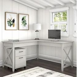 60"W L-Shaped Desk With 2-Drawer Mobile File Cabinet, Linen White Oak, Stand