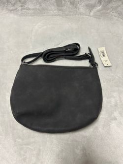 Small black suede zip up sling cross body shoulder bag purse