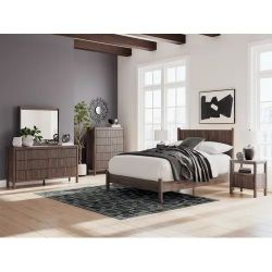 Rich brown finish 5 pc bedroom set features retro cool character & style