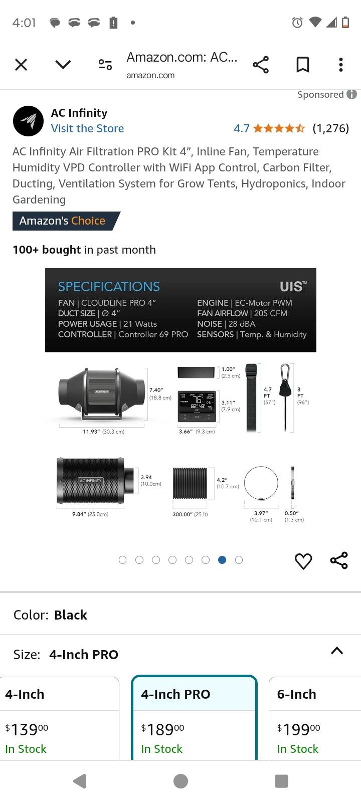 AC Infinity Inline Fan With Charcoal Filter, Digital Temperature and Control Screen, And 8 Inch black Duxt WorkAc With Grow Tent