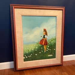 Vintage Original Oil Painting – Girl in Red Dress – Signed