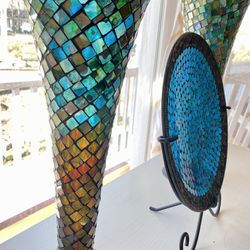 Beautiful Mosaic Stained Glass Vase And Plate Set 
