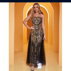 Angel-fashions Women's Vintage Gatsby Dress, Strapless Sequin Lace-Up Tulle Evening Dress, Black Gold