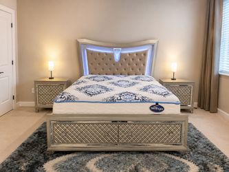Luxury King Bedroom Set – High-End Silentnight Mattress + Mirrored Furniture