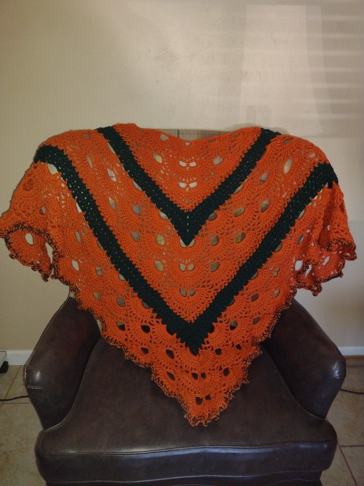 Large Beautiful Triangular Lacy Pumpkin Inspired Crochet Shawl