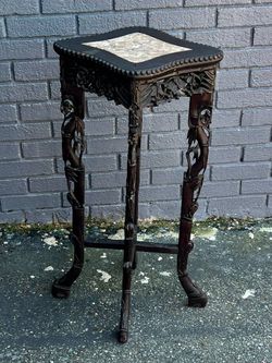 Antique Chinese Carved Wood Marble Top Side Table Plant stand