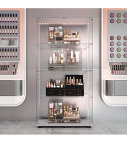 4-Tier Glass Display Cabinet with LED Lighting, 2-Door Floor Standing Curio Cabinet with Universal Wheel