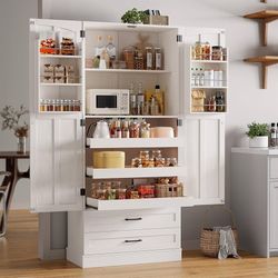 71" Tall Farmhouse Kitchen Pantry Cabinet with 3 Pull Out Shelves & 2 Large Drawers, Pantry Storage Cabinet with 6 Door Shelves & Adjustable Shelf, Fr