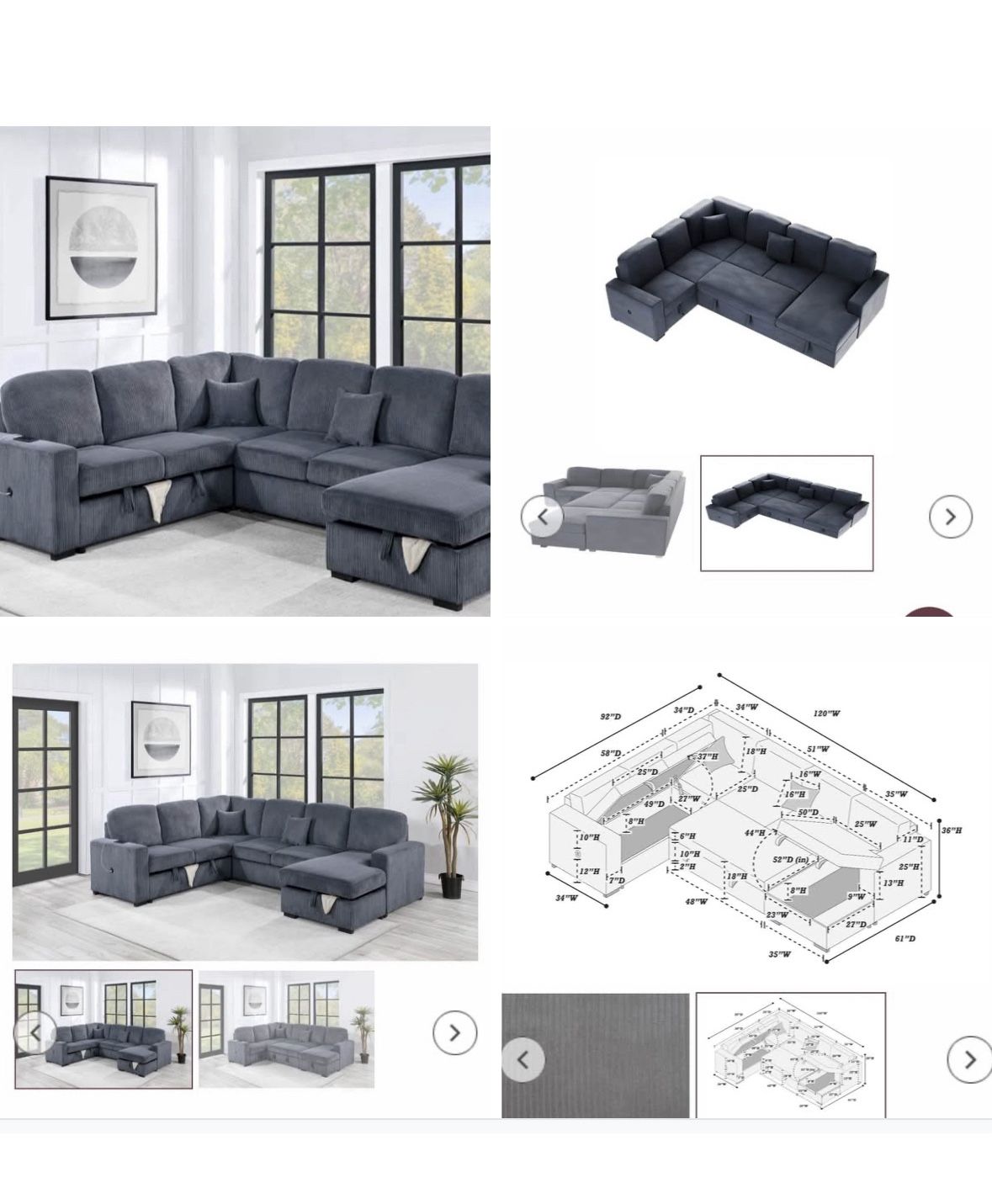 $649-4Piece Convertible Sectional Sleeper Sofa ,Chaise Storage ,Sofa Storage & USB Ports 98” x 103” x 61” x36”H