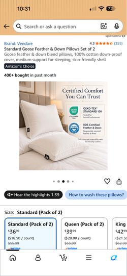 Vendare Standard Goose Feather & Down Pillows Set of 2