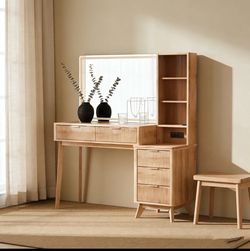 Wood Vanity Desk with Lighted Mirror and Storage