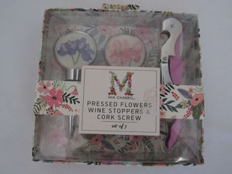 New Woman's Pressed Flowers Wine Stoppers & Cork Screw Set Of 3