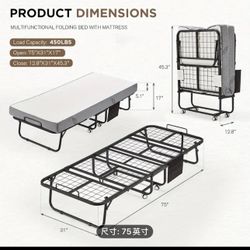 Foldable Portable Bed with 5-Inch Thick Mattress – Single Bed for Adults, Easy to Store Design, Perfect for Guests, Students, Small Apartments, and Ca