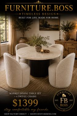 Marble Dining Set - 60” Round Table + 4 Swivel Chairs
