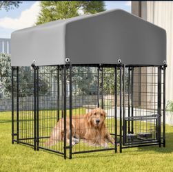 Brand new in box! 2 in 1 combo 4x4 covered dog kennel w/ Swivel feed door, bowls, feed door, all weather roof tarp converts to indoor pet fence. Corra