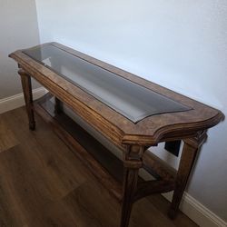 Vintage Burl Wood Console Table with Glass Top – Elegant Entryway Statement Piece