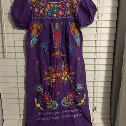 Vintage Mexican Embroidered Purple Cotton Dress, Boho Folk Size Small