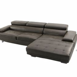 Modern Gray Leatherette Sectional + 2 Glass End Tables