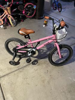 Pink Stitch Kids Bike with Training Wheels and Basket