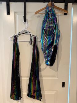 Rave Wonderland Techno Prism Halter Bodysuit and Chaps, Size L