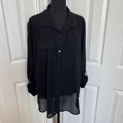 💋 Black Sheer Active USA Buttons Front & Back Blouse Top Size 3X