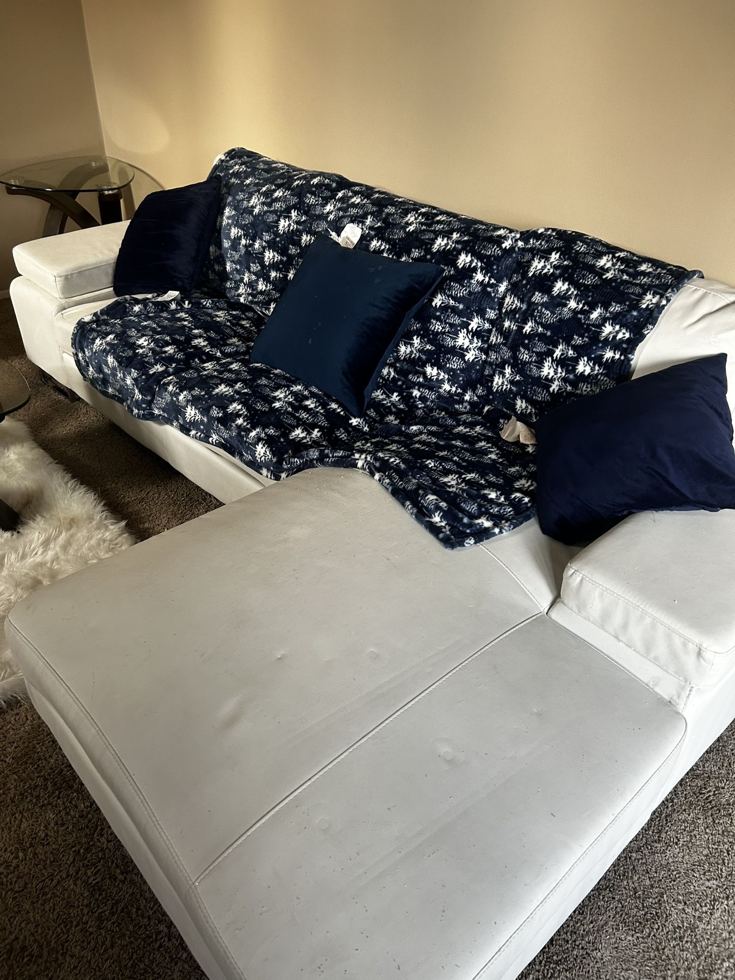 White Leather Sectional … With Rug