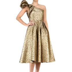 MAC DUGGAL GOLD ONE SHOULDER BOW MIDI DRESS 14 size