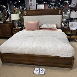 Mid-Century Modern Walnut Queen Bed w/ Uph. HB w/ LED Reading Lights, Mirrored Dresser and Nightstand / 4-piece