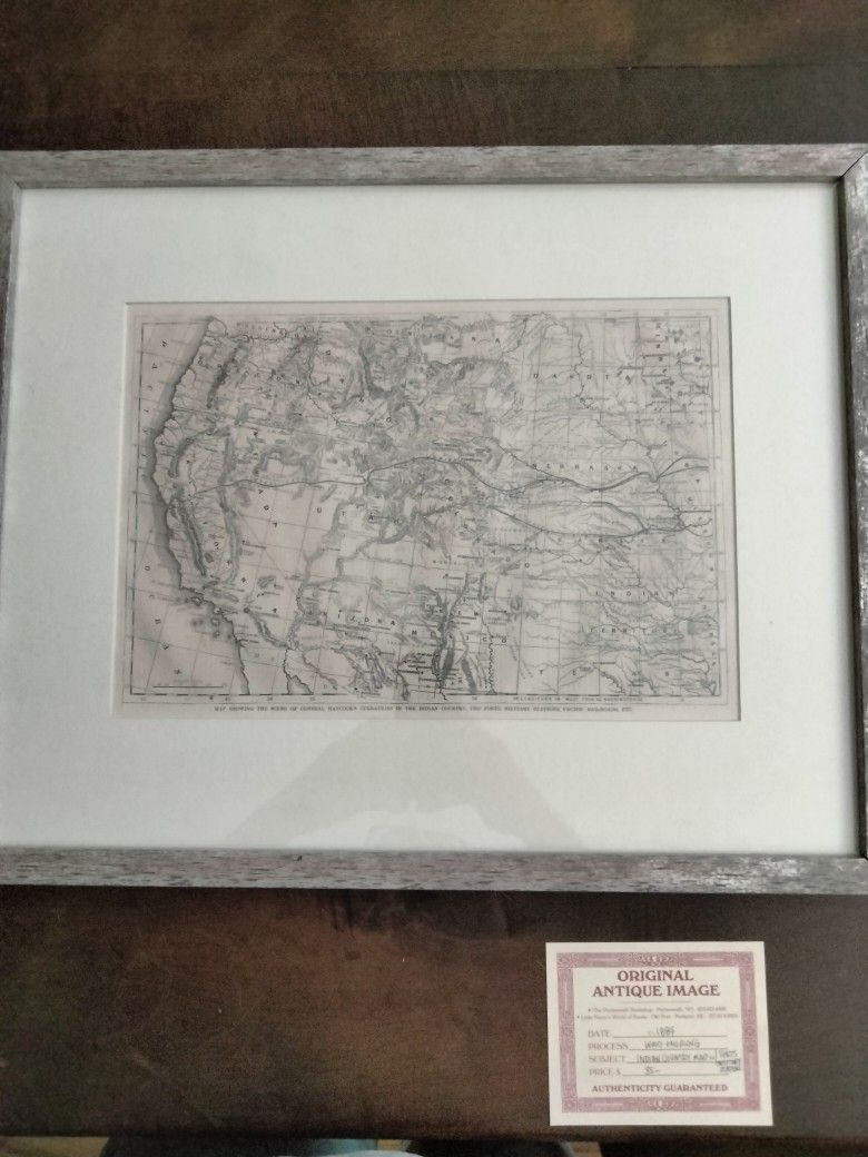ANTIQUE MAP FROM 1884 HARPER'S WEEKLY ENGRAVING OF GEN. HANCOCK'S OCCUPATION OF INDIAN TERRITORIES IN THE UNITED STATES GENUINE ENGRAVING 140 YRS. OLD