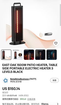 EAST OAK 1500W PATIO HEATER, TABLE SIDE PORTABLE ELECTRIC HEATER 3 LEVELS BLACK