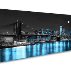 Aibonnly Wall Art Canvas Painting Black White and Blue New York Brooklyn Bridge 1 Piece Cityscape Night Building Skyline Picture Poster Print Framed f