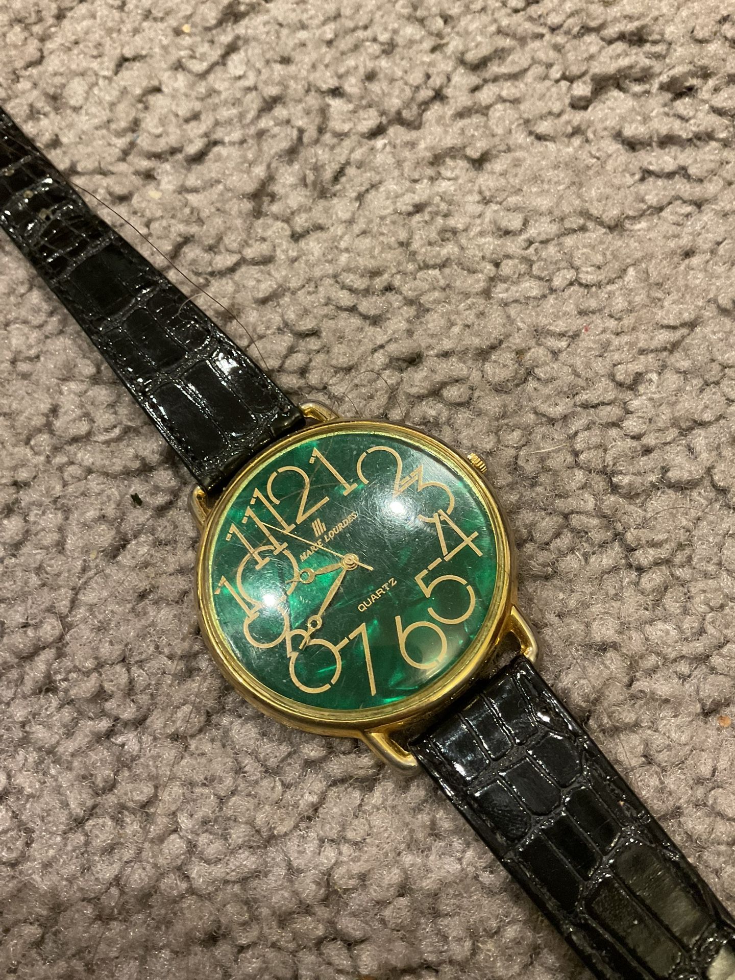 Marie Lourdes Vintage Quartz Black Croc Leather Large Green Face Gold Tone Dress Watch Y2K