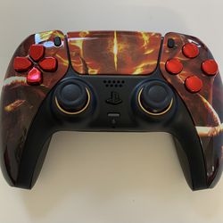 PS5 Dualsense Controller, Evil Eye image with red chrome DPAD and red chrome button