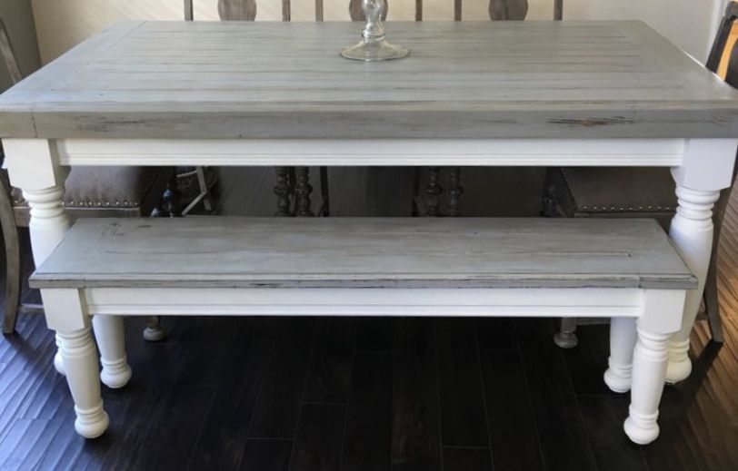 Solid Wood Gray Dining Kitchen Table & Benches