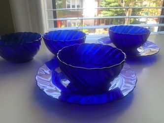 Vintage Mid Century Cobalt Blue Glass Dish set 6 pc Duralex Rivage swirl FRANCE