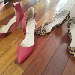 two pairs of size 8.5 women's dress shoes wedge heels, leopard print and red