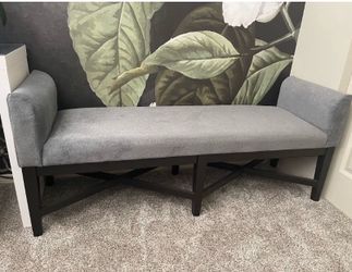 Gray Upholstered Bench with Wood Base