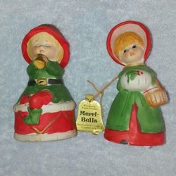 Set Of 2 Vintage Jasco Merri-Bells Handcrafted Fine Bisque Porcelain Figurines / Bells