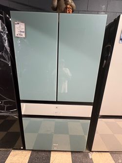 Samsung Bespoke Refrigerator With Beverage Center In Morning Blue And White Glass