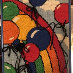 1980’s Framed Needle point Rainbow & Balloons  9.75 x 12