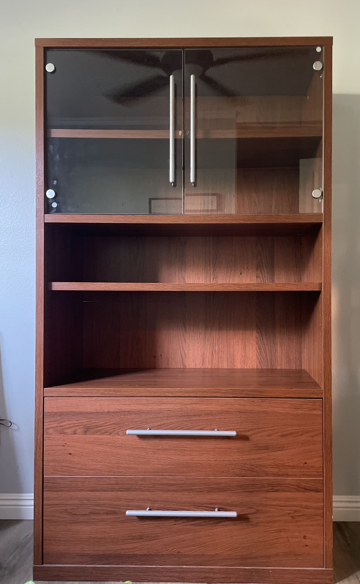 IMMACULATE Wood Cabinet 2 Glass Doors Lots Of Storage 2 Drawers Many Shelves